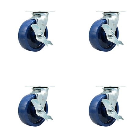 6 Inch Solid Polyurethane Swivel Caster Set With Roller Bearings And Brakes SCC